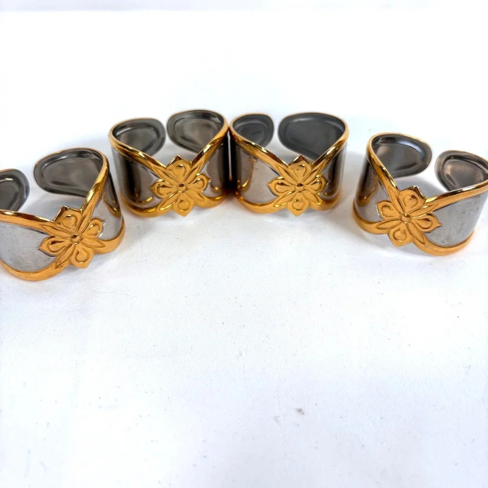 Gorham Napkin Rings Silver Gold Two Tone Golden Melon Bud Floral Set of 4